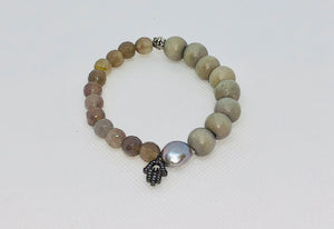 Combo Bracelet-- Gray Agate & Gray Wood Beads with Gray Baroque Pearl and Hamsa Charm.