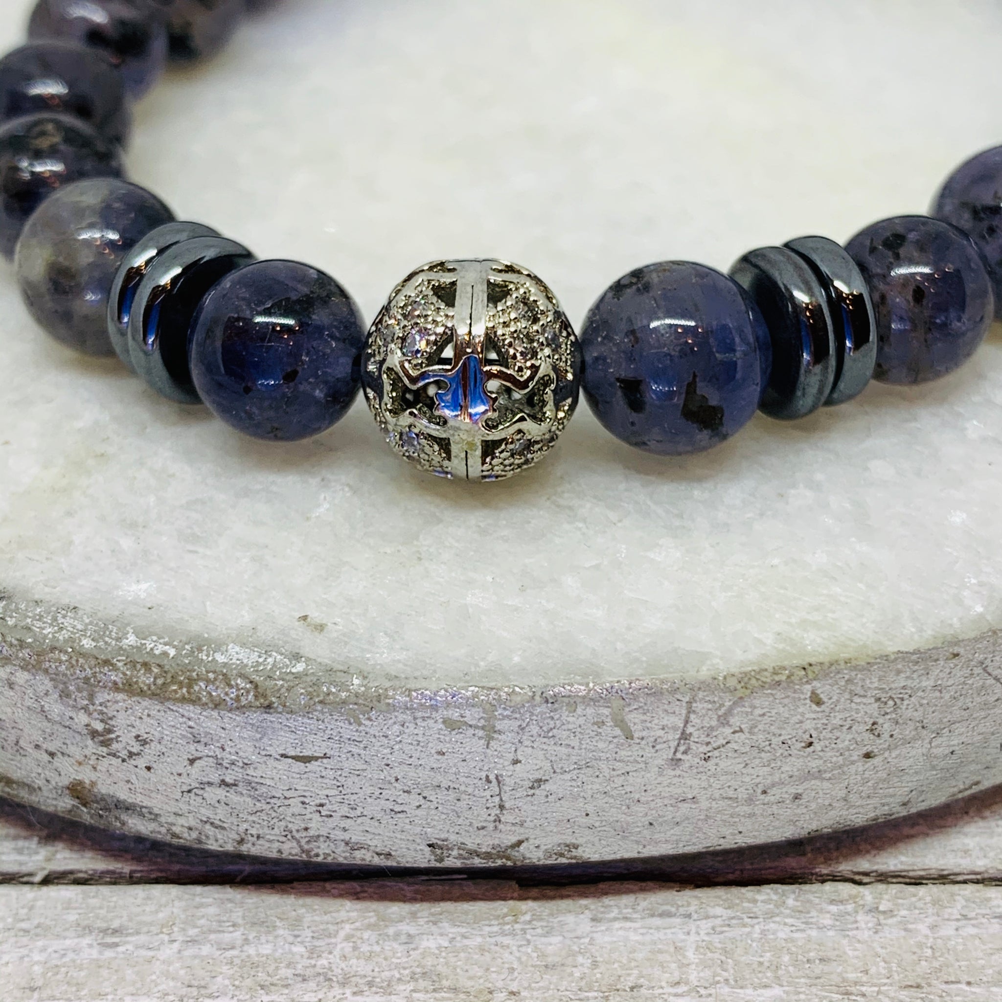 The Drew Bracelet-  Iolite Beads, Black Metal Spacers and Filigree Beads Ball Bracelet.