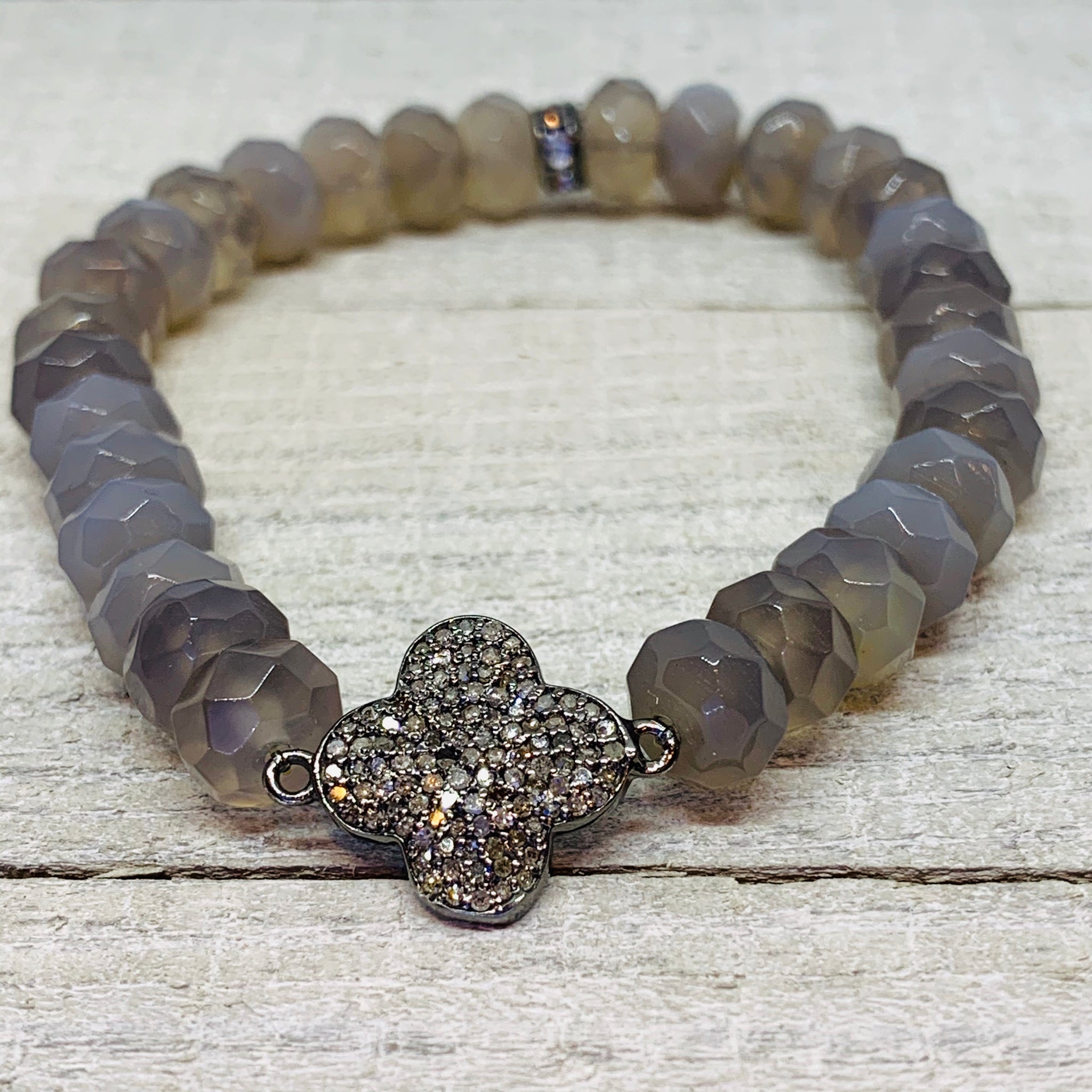 Diamond Clover and Agate Rondelle Bracelet