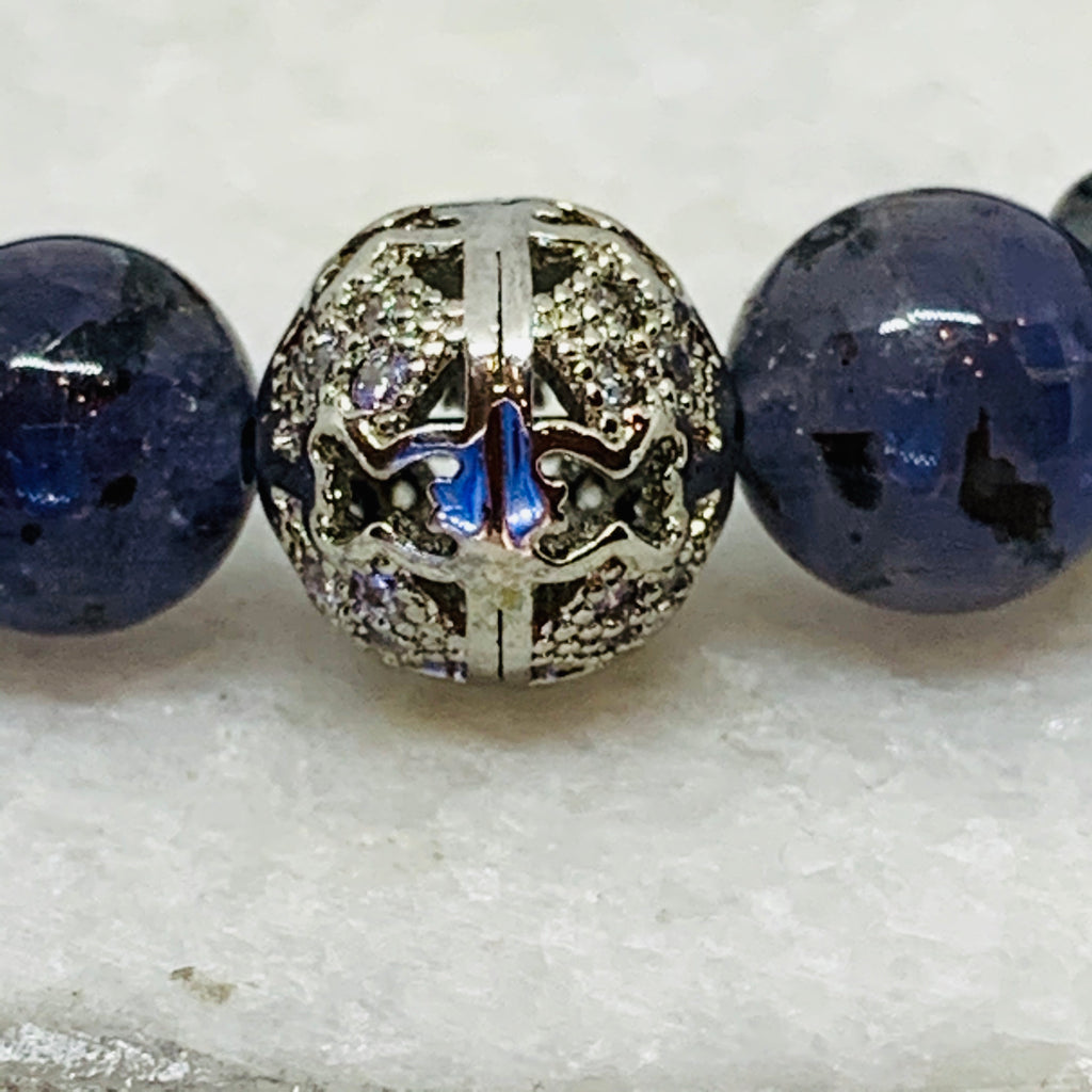 The Drew Bracelet-  Iolite Beads, Black Metal Spacers and Filigree Beads Ball Bracelet.