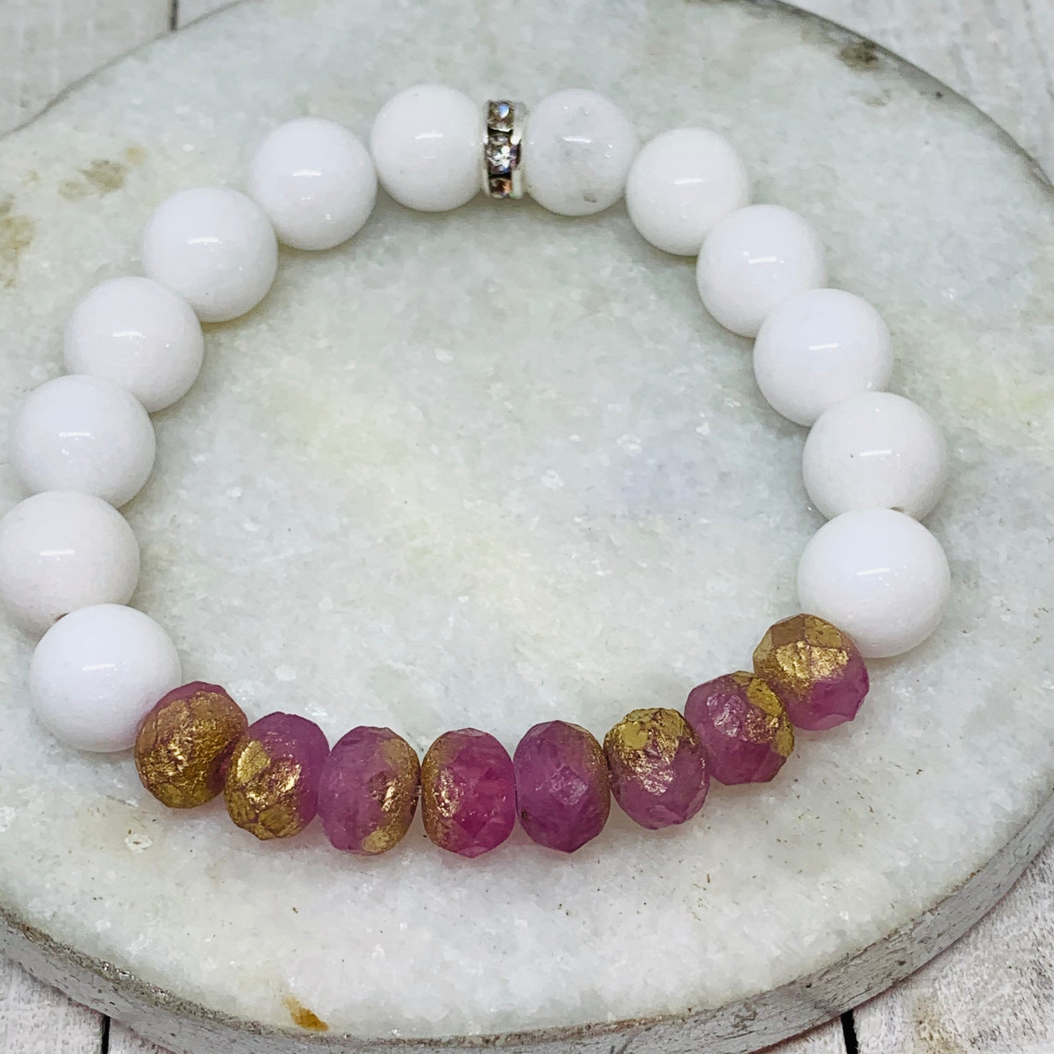 White Mashan Jade and Etched Pirnk & Gold Rondelle Bracelet