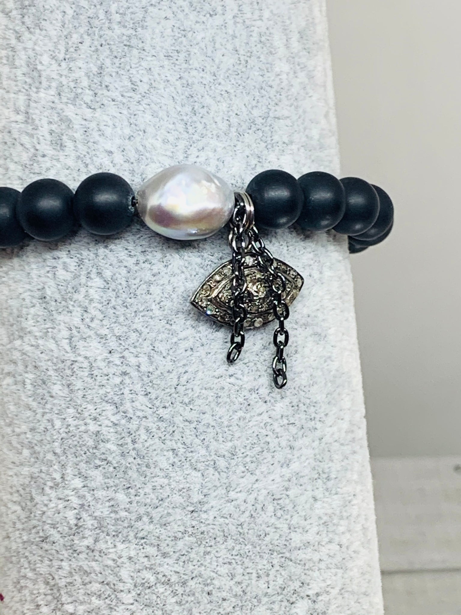 Onyx,  Pearl & Genuine  Pave Diamond Evil Eye Bracelet