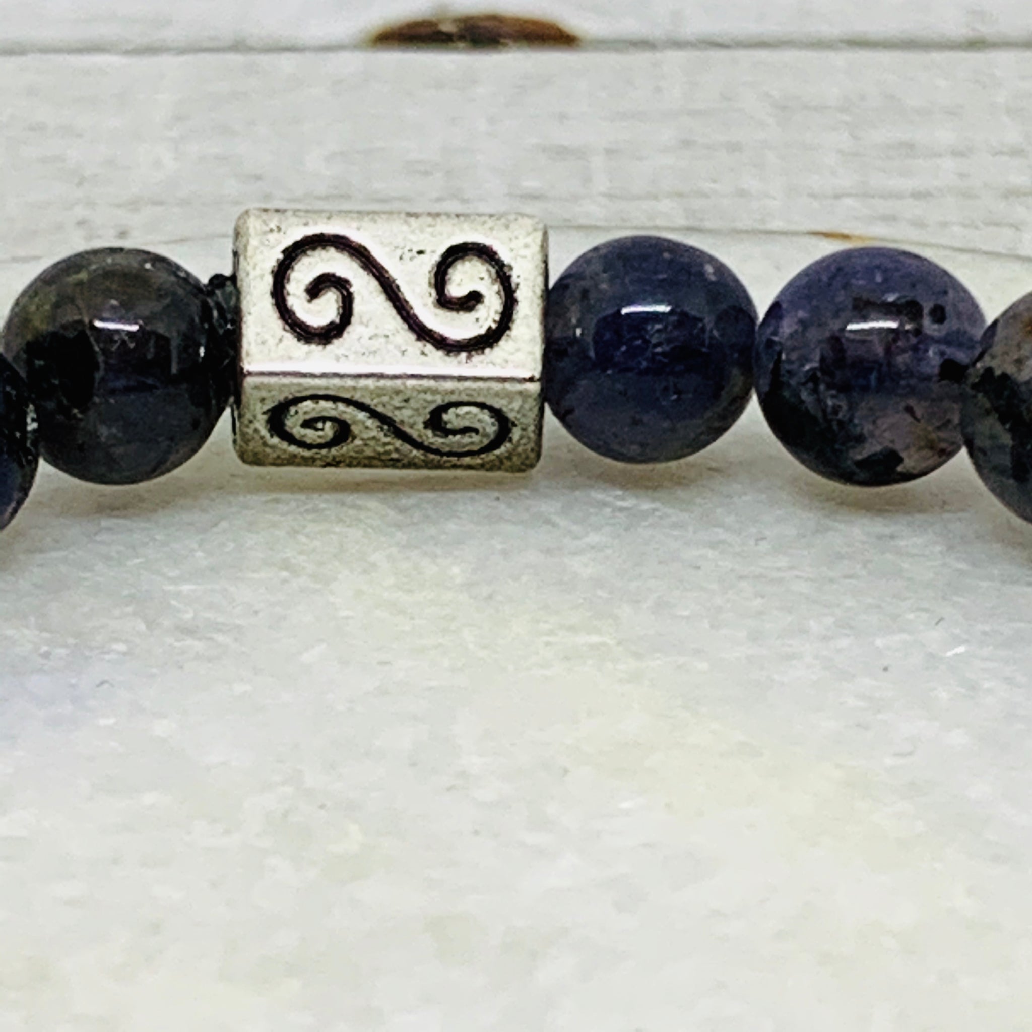 The Drew Bracelet-  Iolite Beads, Black Metal Spacers and Filigree Beads Ball Bracelet.