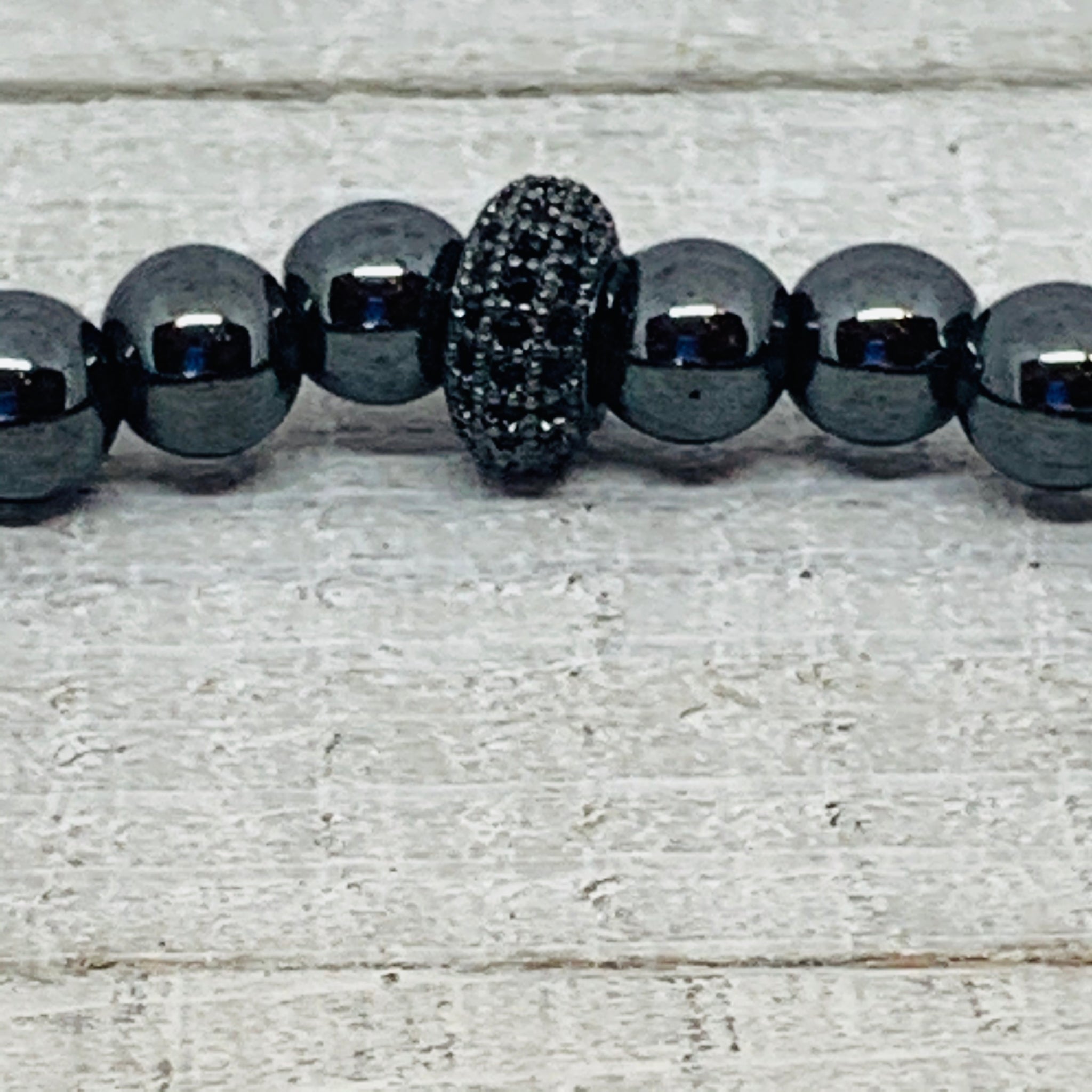 The Harriet Bracelet- Black Hematite with a Black Puffed Micro Pave Heart