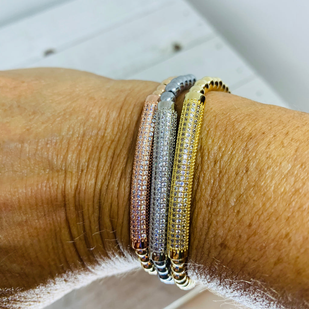 Trio of  Rose Gold,Gold and Silver Charm Stack Bracelet Set