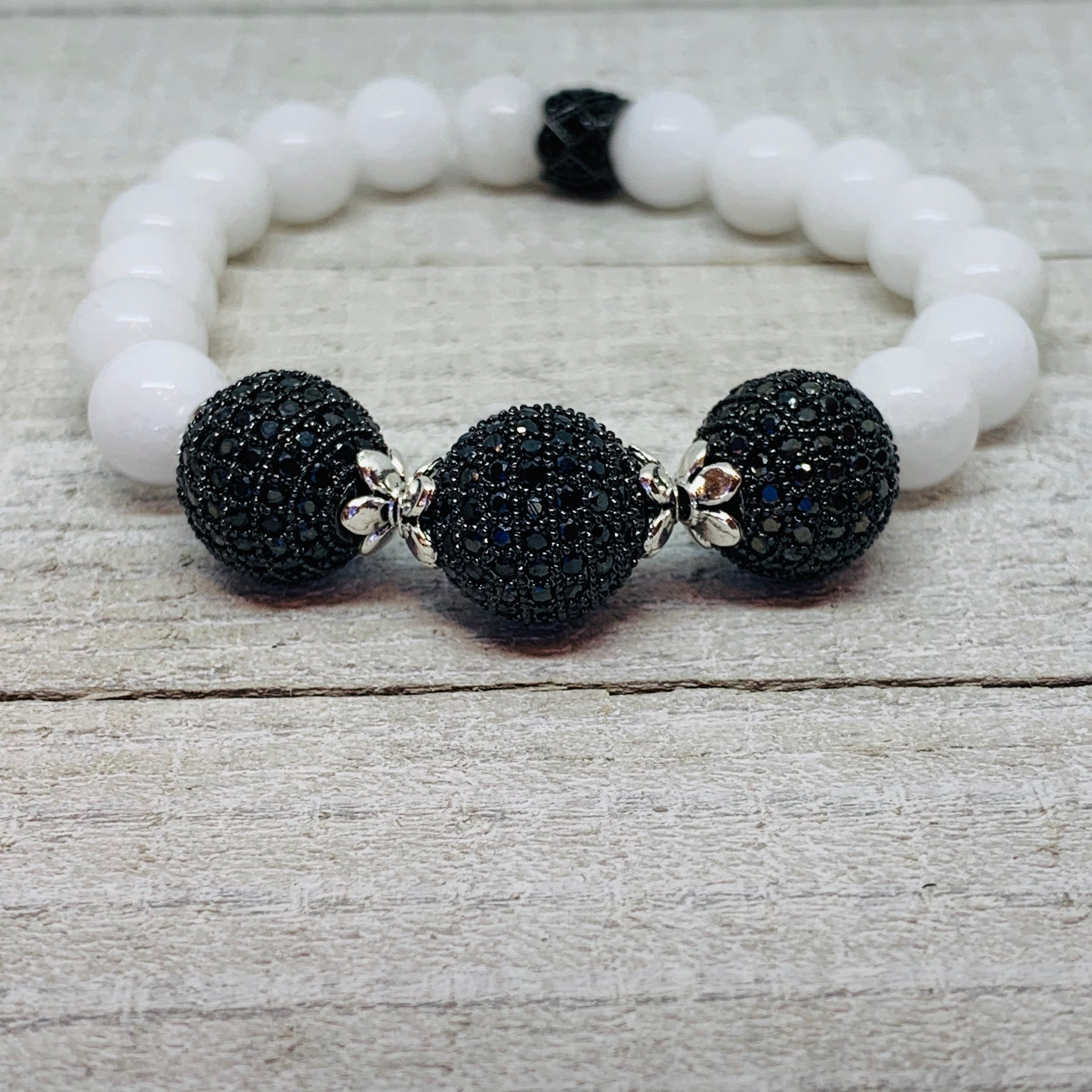 White Mountain Jade with (3) 12 mm Black Micro Mini Pave Black Bead Balls.