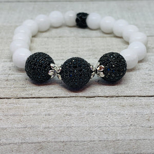 White Mountain Jade with (3) 12 mm Black Micro Mini Pave Black Bead Balls.