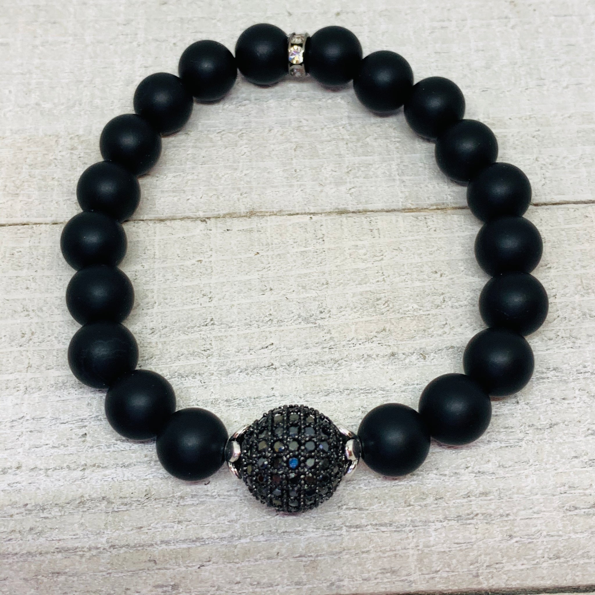 Onyx With 12mm Micro Pave Black Bead Ball Bracelet