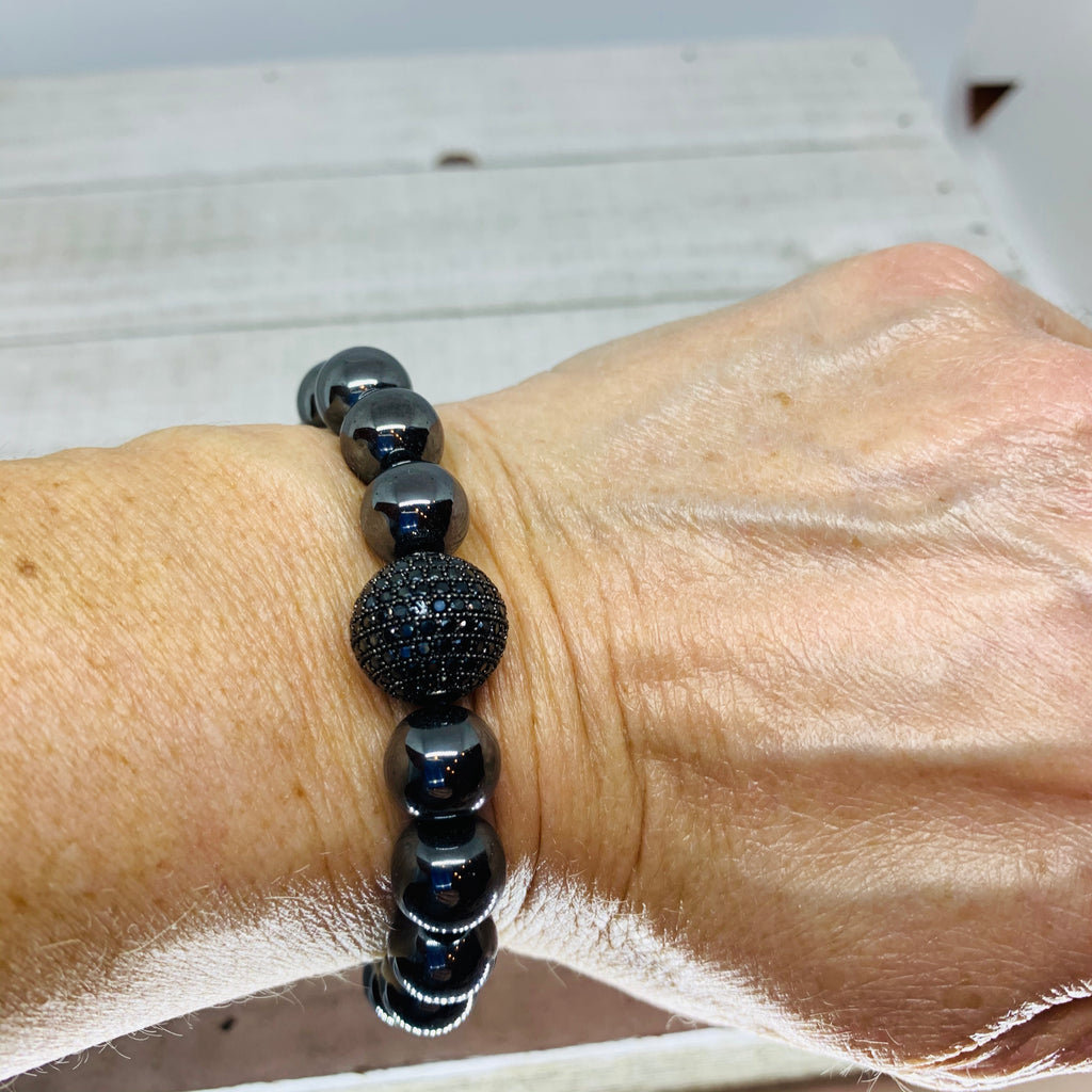 The Chloe Bracelet- 12mm Black Hematite with 14 mm Black Pave Bead