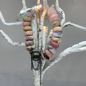 Exquisite Peruvian Opal Nugget with an AAA Carved Tahitian Pearl and Chain Bracelet