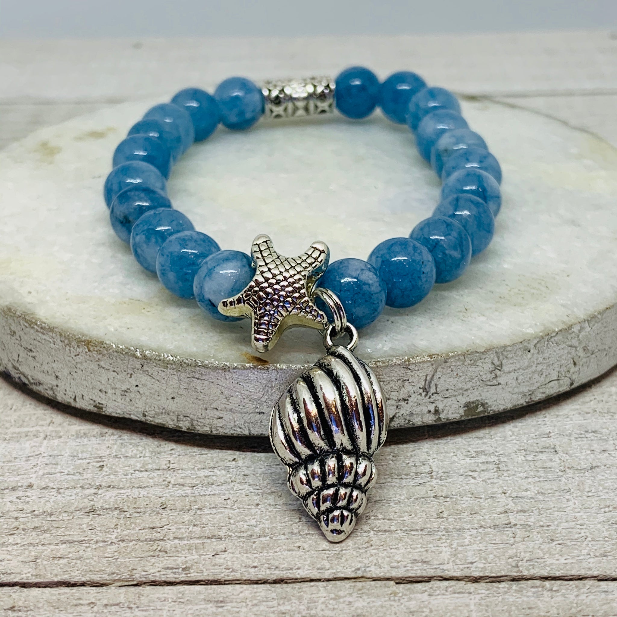 Ocean Blue Agate Starfish and Shell Bracelet