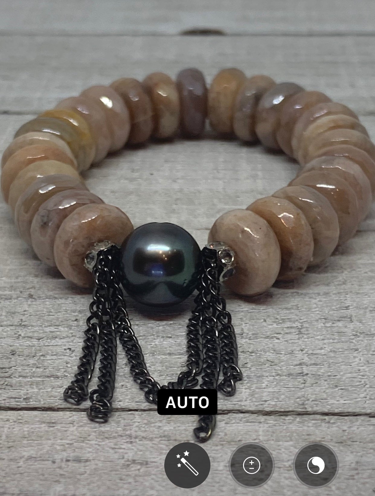 Gorgeous Faceted Peach Moonstone with a Stunning Tahitian Pearl and Chain Bracelet