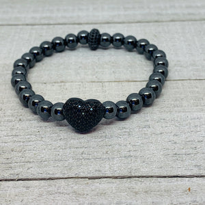 The Harriet Bracelet- Black Hematite with a Black Puffed Micro Pave Heart