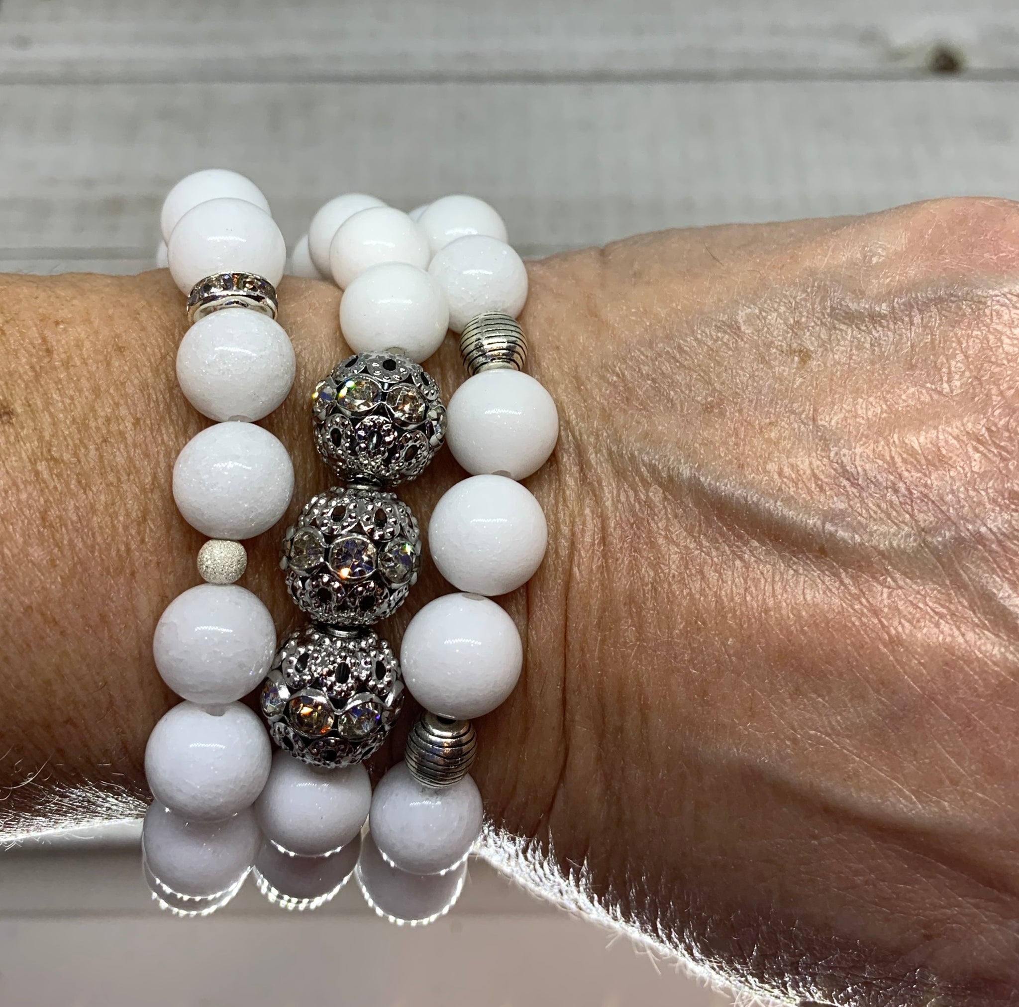 The Marsha Bracelet- White Mountain  Jade Beads with (3) Silver Micro Pave Bead Balls.
