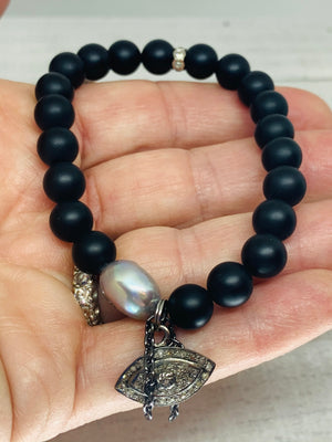 Onyx,  Pearl & Genuine  Pave Diamond Evil Eye Bracelet