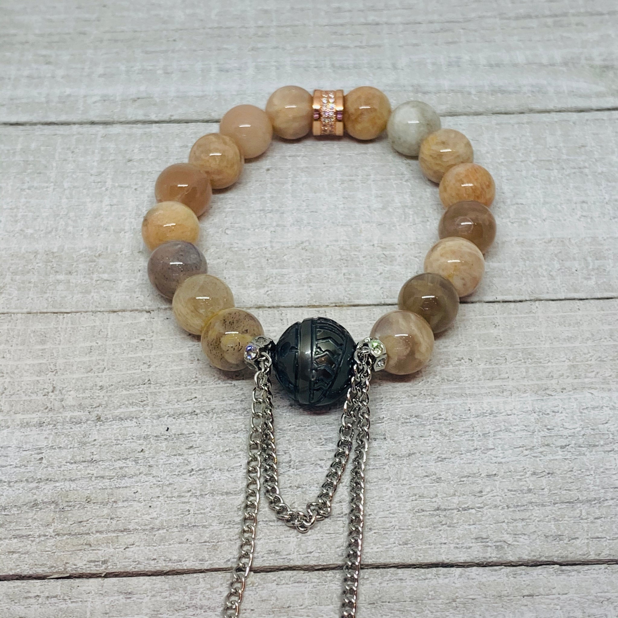 Carved Tahitian Pearl and Peach Moonstone Bracelet