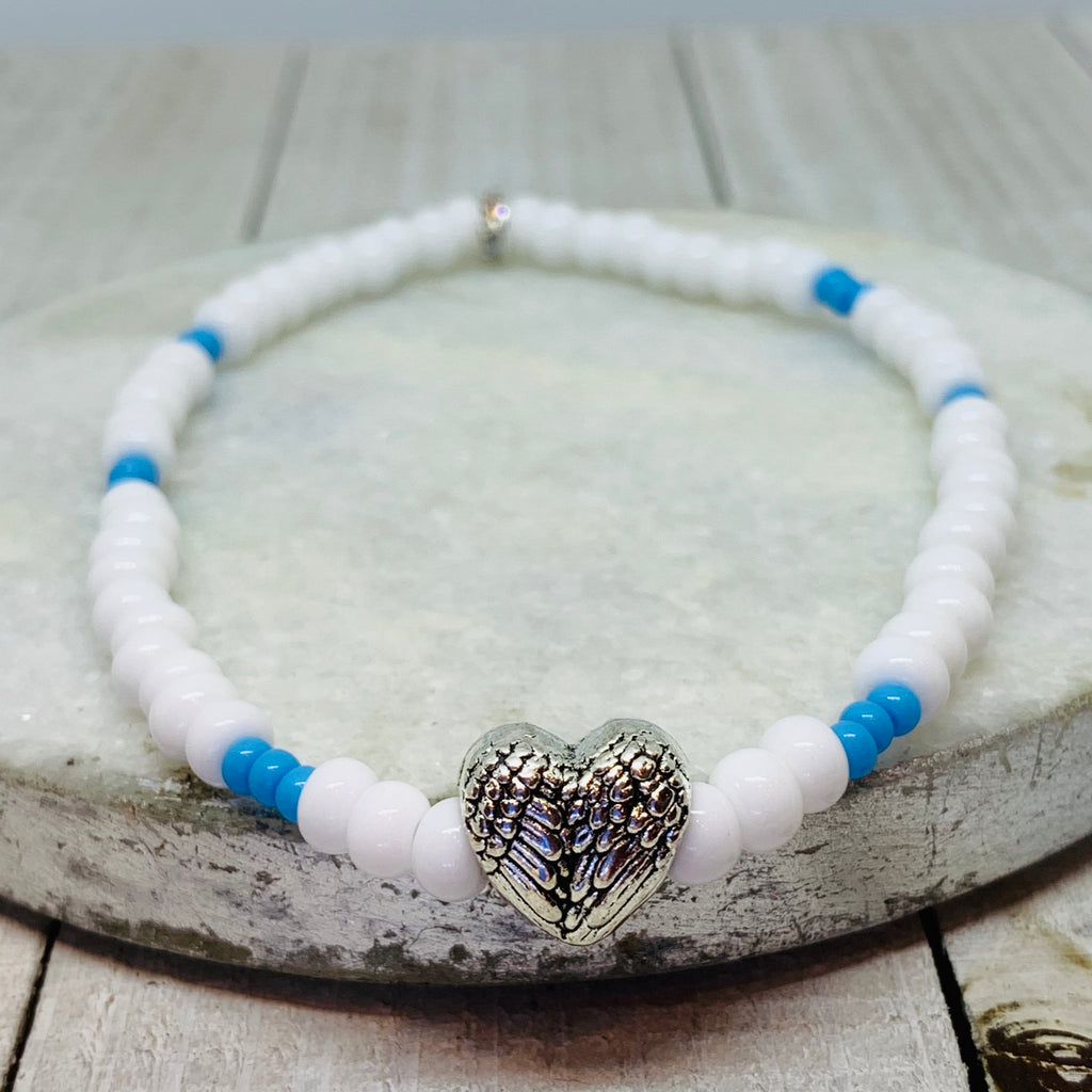 White and Blue Silver Heart Anklet