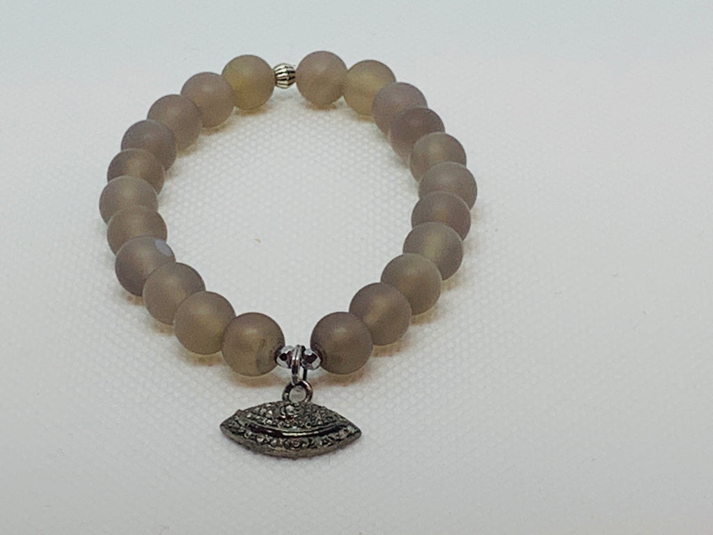 Gray Agate Matte with Pave Diamond Eye with Sterling Silver Bail