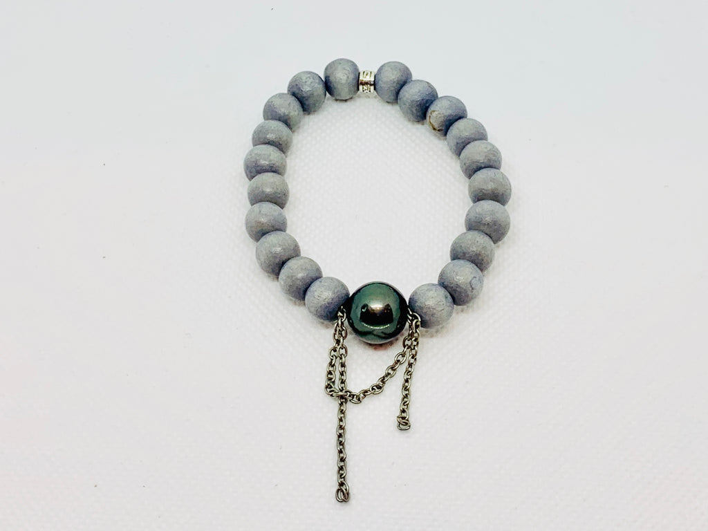 Blue Mountain Grey Wood Beads with 12mm Round Tahitian Like Pearl