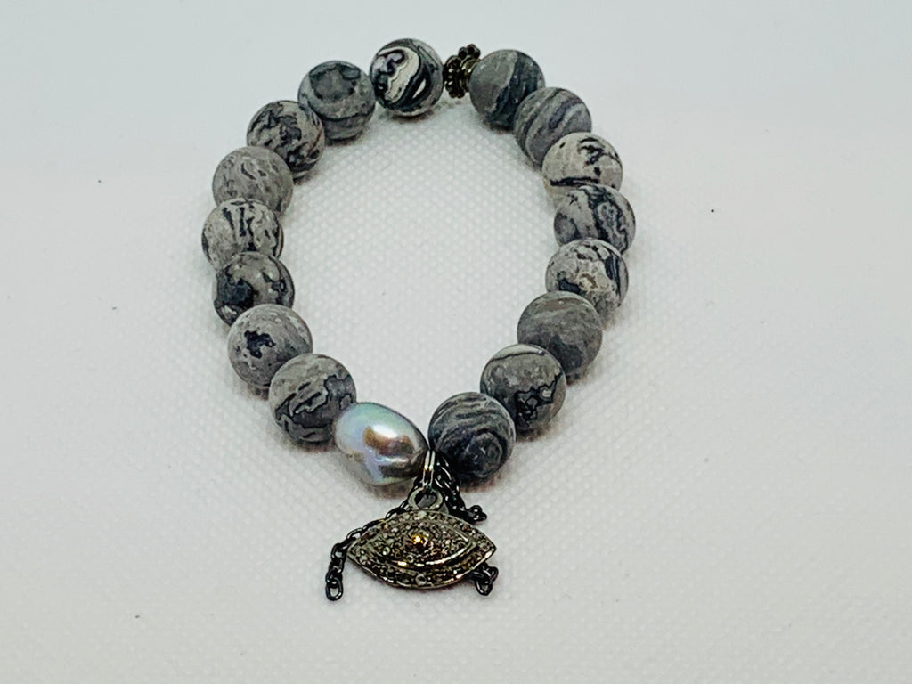 Gray Picasso Jasper Matte 10mm Beads with 925 Sterling Silver Pave Diamond Eye Charm