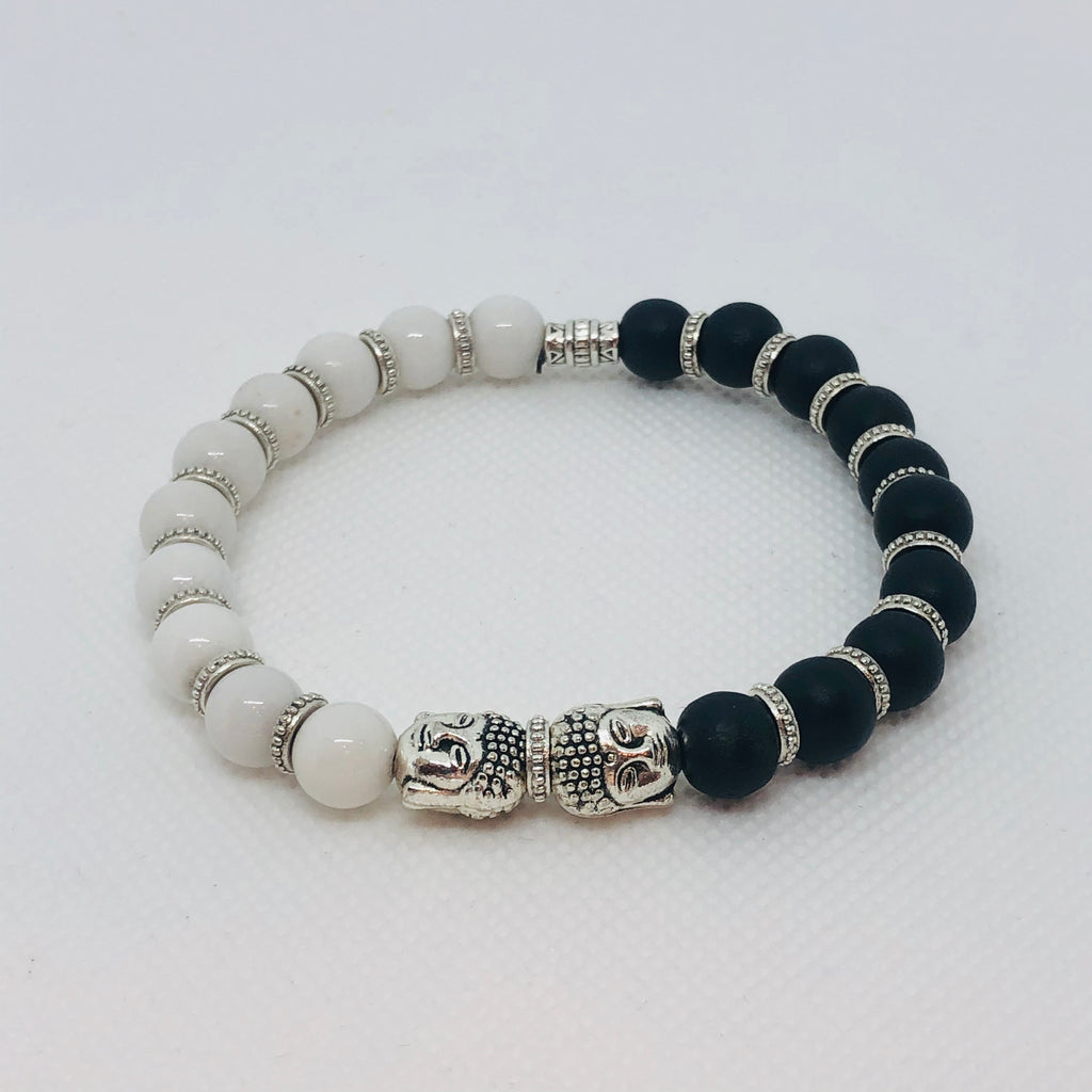 White Mountain Jade & Black Onyx Beads with Dueling Metal Buddha Heads and Silver Findings