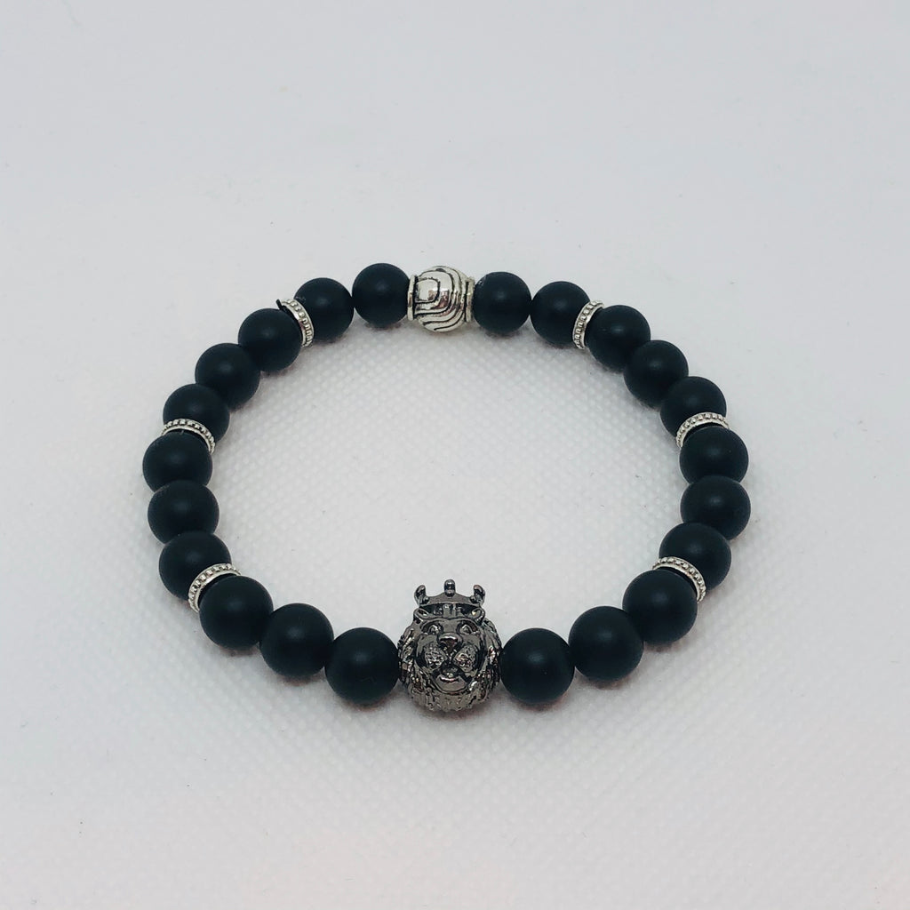 King Of The Castle Black Onyx Beads with Gun Metal Lion Head