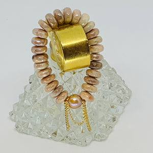 Peach Moonstone Faceted with with Golden Freshwater Pearl and Gold Chain