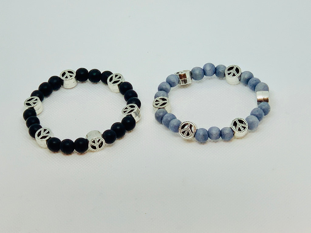 SET: Gray Wood Bead and Black Onyx Bead with Metal Peace Charms