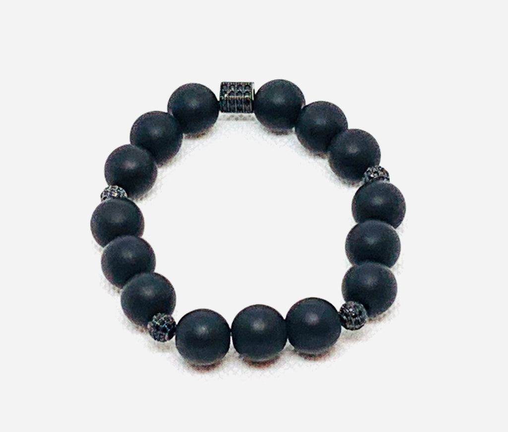 Matte Black Oyx Natural Gemstone Beads with 6 mm CZ Micro Pave Round Ball Great For Stacking