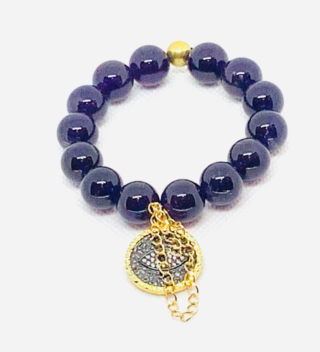 Dark Purple Amethyst with Gold and Black Evil Eye Charm with Gold Chain and Brass Findings