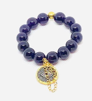 Dark Purple Amethyst with Gold and Black Evil Eye Charm with Gold Chain and Brass Findings