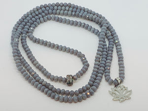 Wrap Necklace or Bracelet 25” Long with Gray Crystal Faceted Rondelle Beads with a Silver Lotus Charm & Micro Pave Finding