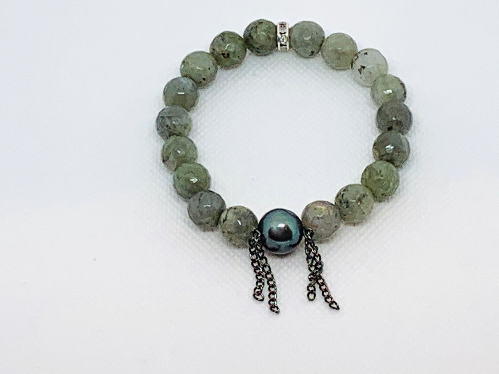 Labradorite Beads with Chain & Gray Baroque Pearl