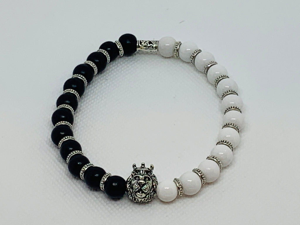 King Of  The Castle”￼ Black Onyx & White Mountain Jade Beads with Silver King Lion Head