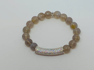 Gray Agate Round Beads with Micro Pave CZ Curved Tube & Micro Pave CZ Spacer Beads and Findings