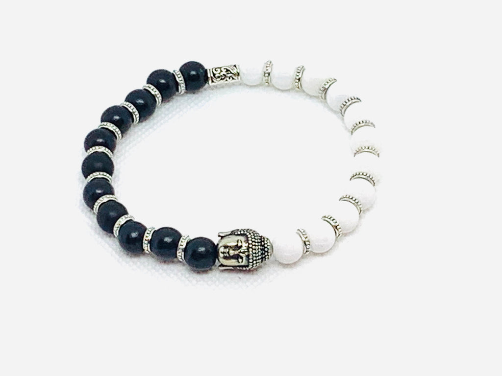 White Mountain Jade 8mm Black Onyx Beads with Metal Buddha Head and Silver Findings