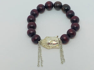 Dark Brown Natural Wood Bead with Large Silver Buddha Head & Silver Chain