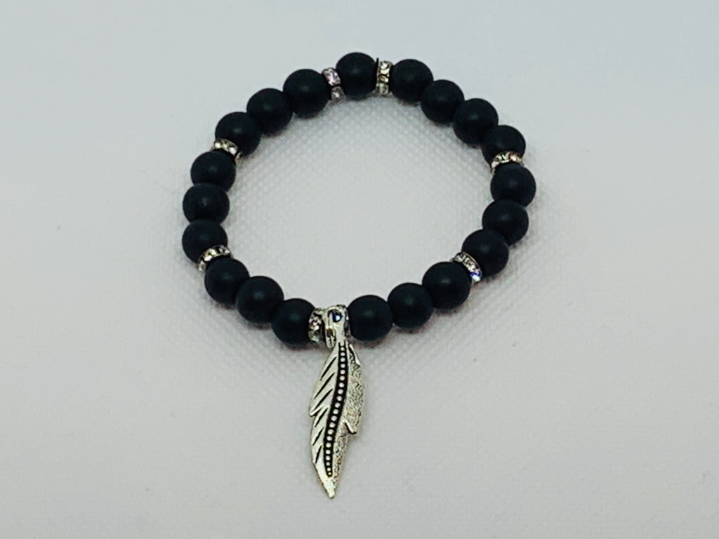 Black Onyx Beads with Silver Feather Charm & Rhinestone Findings