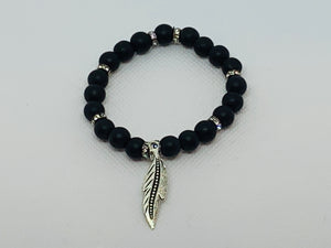Black Onyx Beads with Silver Feather Charm & Rhinestone Findings